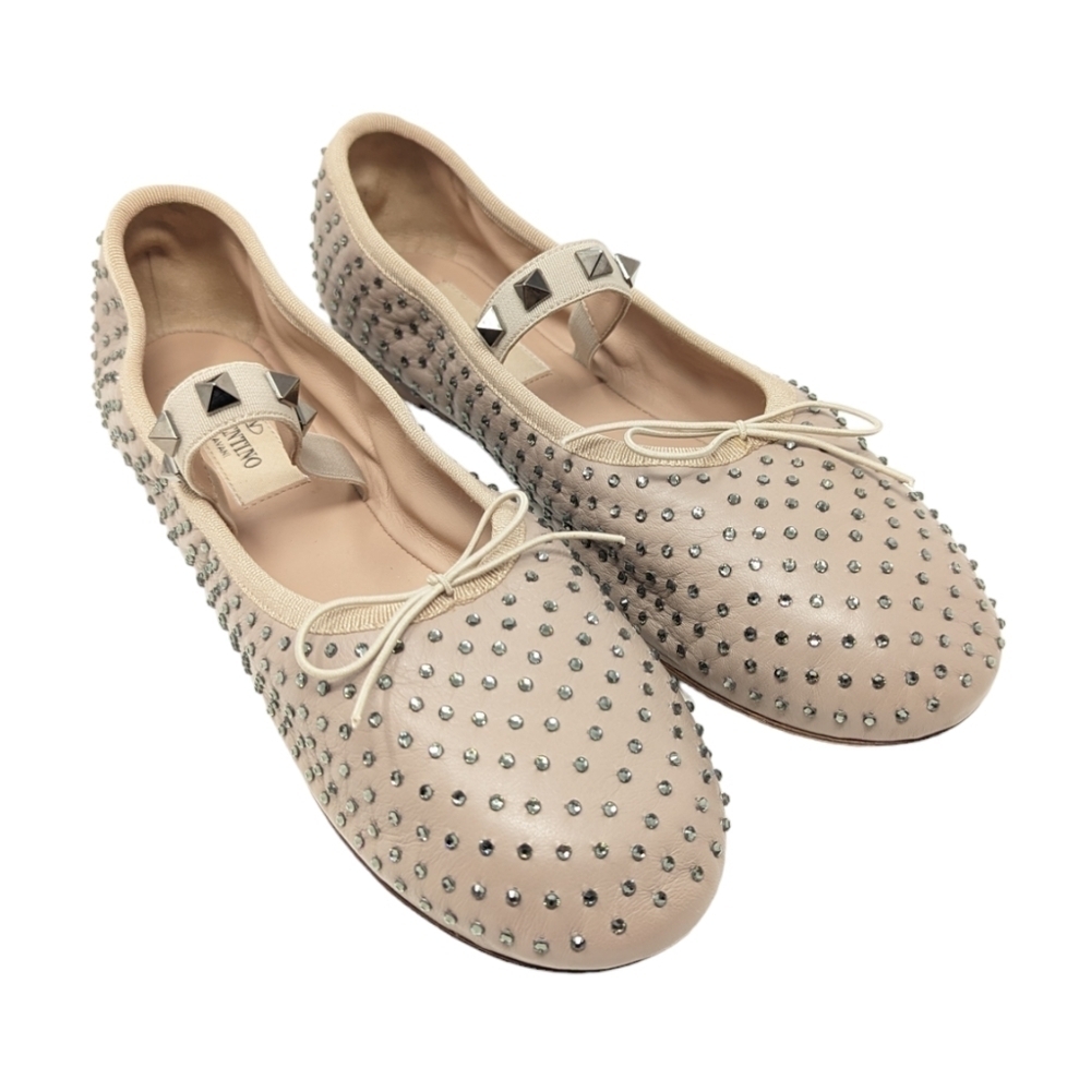 NEW Valentino Garavani Rockstud Crystal Nude Ballet Ballerina Flats Sz EU 39
